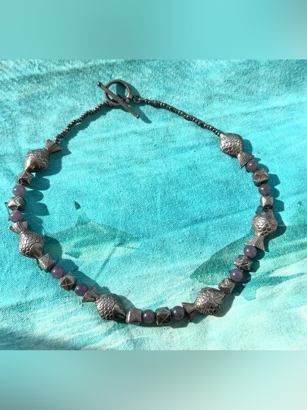 Vintage Silver Fish Handmade Necklace w Beads from Thailand